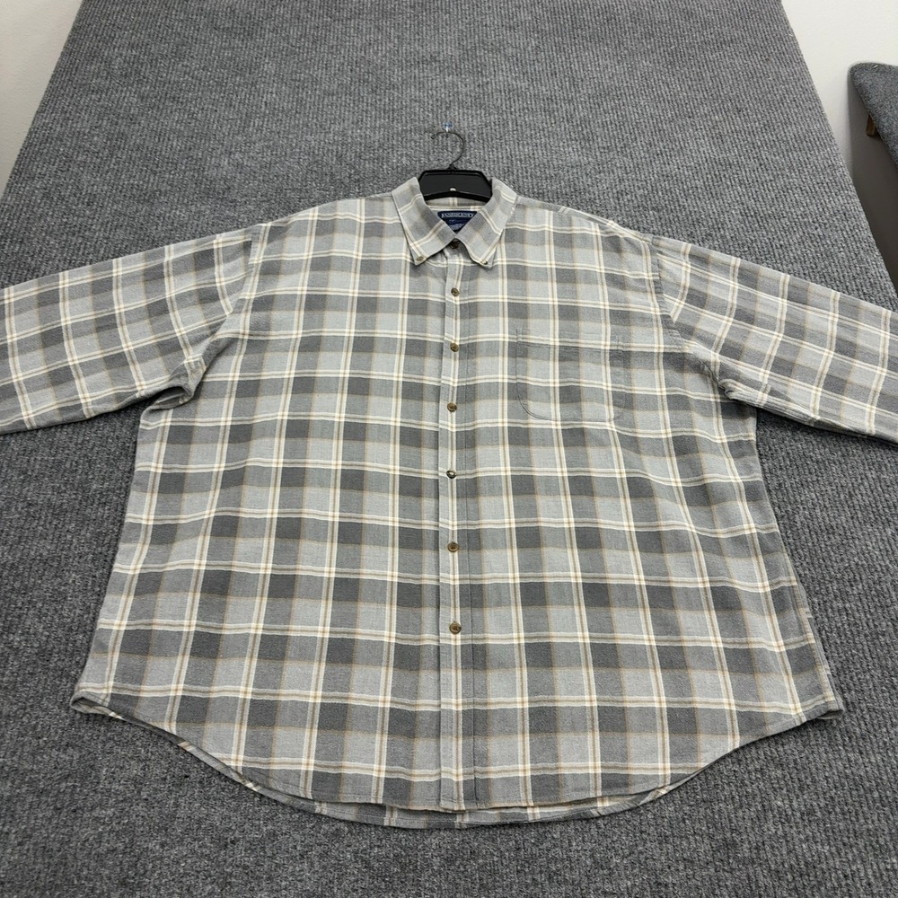 Lands End Button Down Mens XXL Grey Cotton Plaid Flannel Casual Classic‎